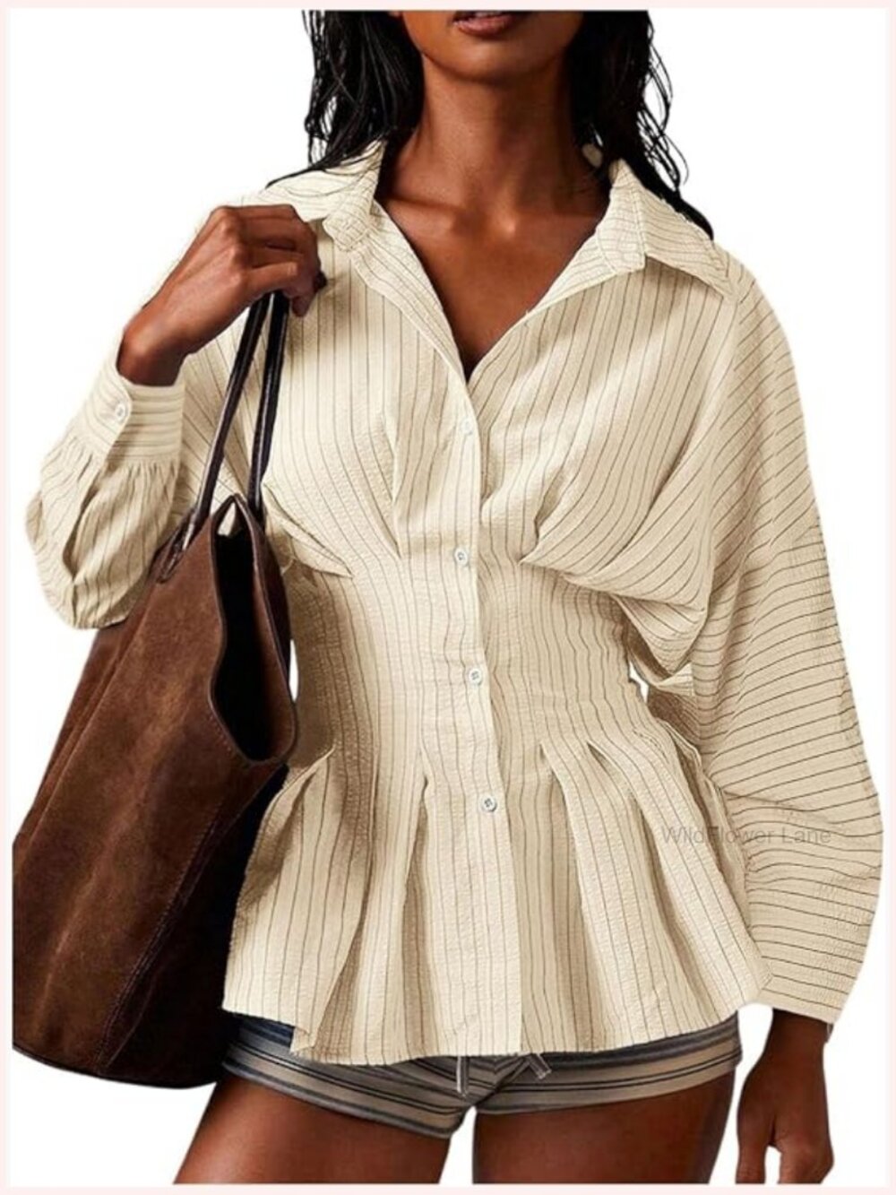 Striped Button Down Collared Shirt Long Sleeve Blouse